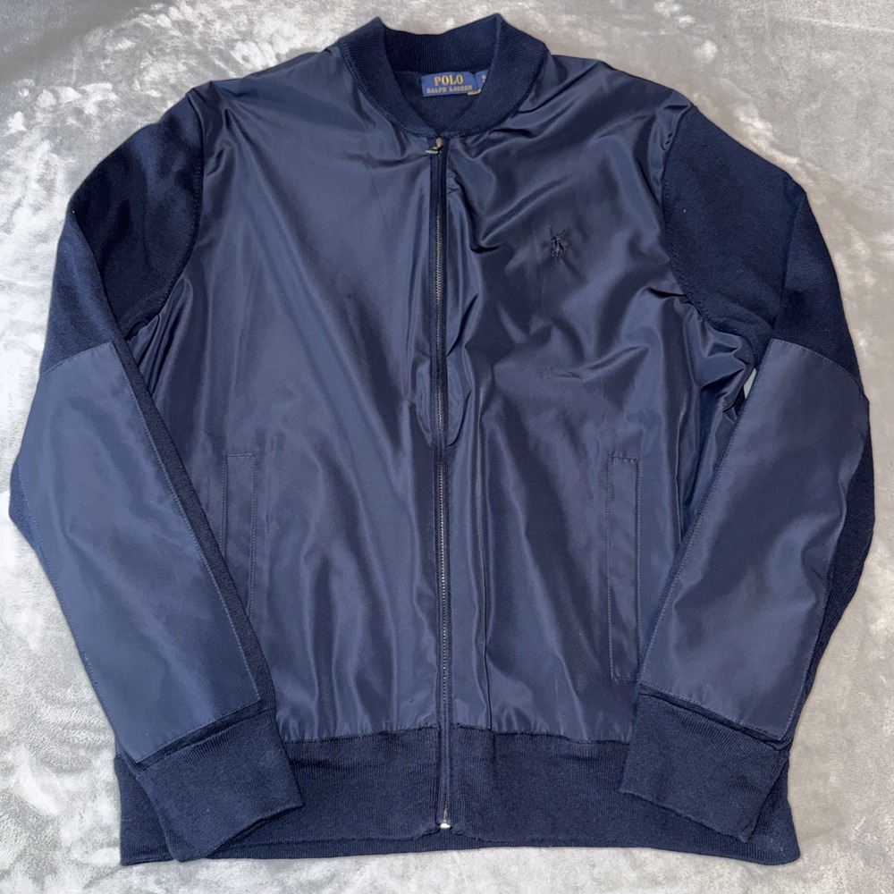Polo Ralph Lauren Blue Hybrid Knit Nylon Full Zip Sweater Bomber Jacket XL - Picture 2 of 12
